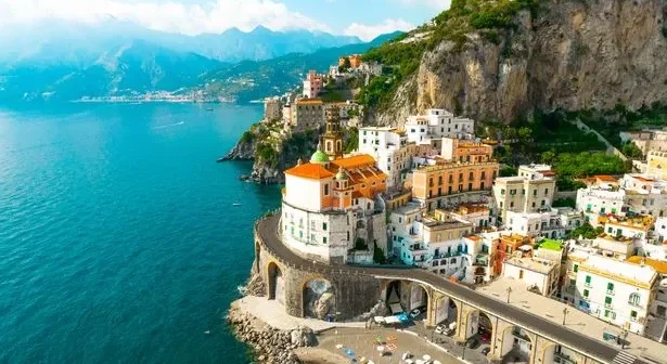 The stunning scenic road in the Amalfi coast with the Atrani town.