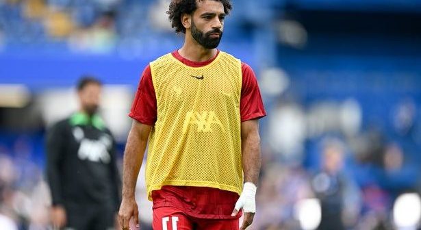 Mohamed Salah of Liverpool looks on during the warm up prior to the Premier League match between Chelsea FC and Liverpool FC at Stamford Bridge