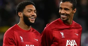 Joel Matip and Joe Gomez of Liverpool during the warm-up before the UEFA Europa League match against Toulouse at Stadium de Toulouse on November 9 2023