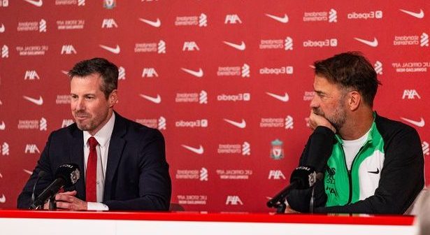 Jurgen Klopp and CEO Billy Hogan of Liverpool address the media at a club press conference ahead of the Emirates FA Cup tie with Norwich City at AXA Training Centre on January 26, 2024