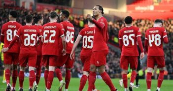 Virgil van Dijk celebrates after scoring for Liverpool against Norwich City