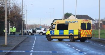 Police at the scene of an RTC on Stadium Road in Wirral this morning