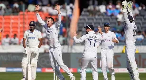England's Tom Hartley, second right, appeals unsuccessfully for the wicket of India's Ravichandran Ashwin