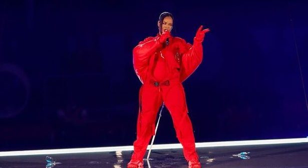 Rihanna on stage at the Super Bowl