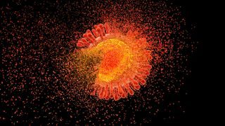 illustration of a red and orange HIV virus disintegrating against a black background