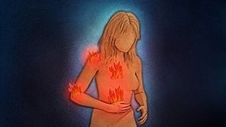 Artwork displaying the figure of a woman (in orange) with four flames coming from her body against a blue background