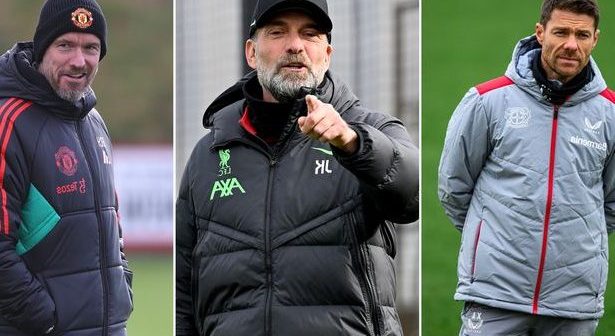 Bayer Leverkusen manager Xabi Alonso, Liverpool manager Jurgen Klopp, and Manchester United manager Erik Ten Hag
