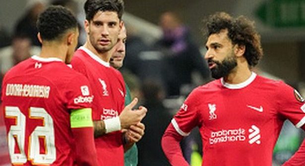 Mohamed SALAH of Liverpool FC Dominik SZOBOSZLAI of Liverpool FC and Trent ALEXANDER ARNOLD of Liverpool FC during the UEFA Europa League groupe E match between Toulouse Football Club and Liverpool Football Club at Stadium de Toulouse on November 9, 2023 in Toulouse, France. (Photo by Pierre Costabadie/Icon Sport via Getty Images)
