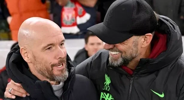 Liverpool manager Jurgen Klopp with Manchester United boss Erik ten Hag ahead of the Premier League match at Anfield on December 17 2023