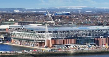 A general aerial view of the construction progress on Everton's new stadium on January 19, 2024, with present home Goodison Park in the background