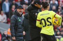 Liverpool manager Jürgen Klopp reacts to getting yellow card during the Premier League match between Liverpool FC and Burnley FC at Anfield