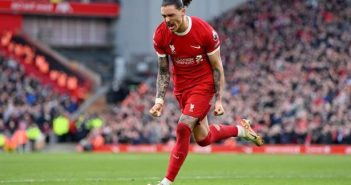 Darwin Nunez of Liverpool celebrates a scoring.