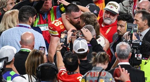 Kansas City Chiefs tight end Travis Kelce with Taylor Swift following his sides Super Bowl LVIII victory against the San Francisco 49ers at the Allegiant Stadium, Las Vegas, Nevada, USA