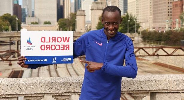 Kelvin Kiptum of Kenya poses for a portrait after setting a world record marathon time of 2:00.35 during the 2023 Chicago Marathon on October 08, 2023 in Chicago, Illinois.