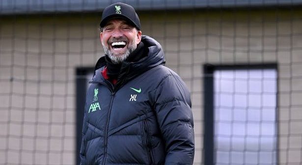 Jurgen Klopp manager of Liverpool during a training session at AXA Training Centre on February 02, 2024 in Kirkby, England.