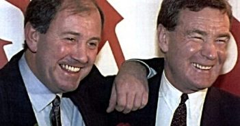 Howard Kendall, right, returns as Everton manager on November 6, 1990, with Colin Harvey, left, back as his assistant