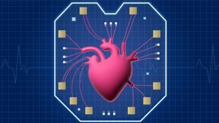 Illustration of the new heart-on-a-chip depicting a pink heart in the middle of a chip against a blue background