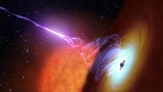 An illustration of a black hole emitting a gigantic jet of radiation.
